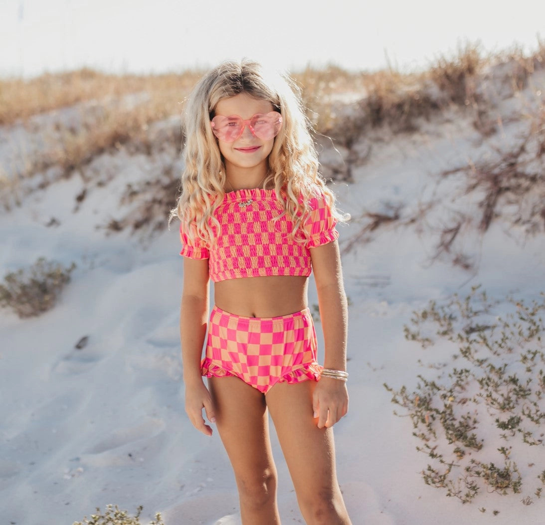 Hot Pink & Tangerine Check Swimsuit