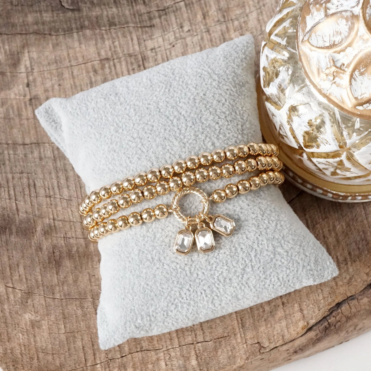 Golden Ball Beaded Stretch Bracelet Stack with Baguette Crystals