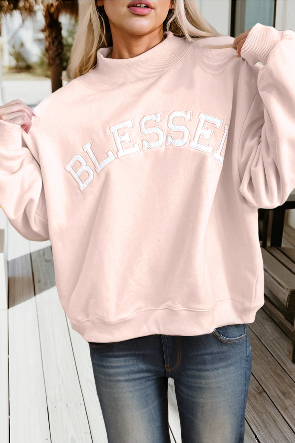 Blessed Embroidered Mock Neck