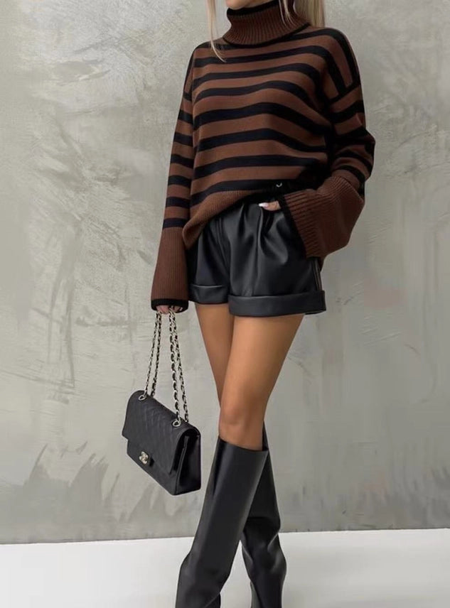 Brown Striped Turtle Neck - One Size