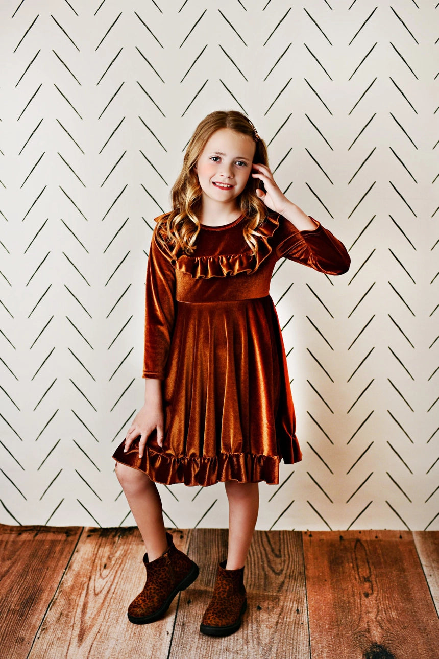 Rust Velvet Dress - Kids