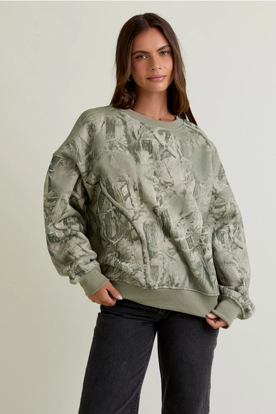 Crew Neck Tree Camo Printed Sweatshirt