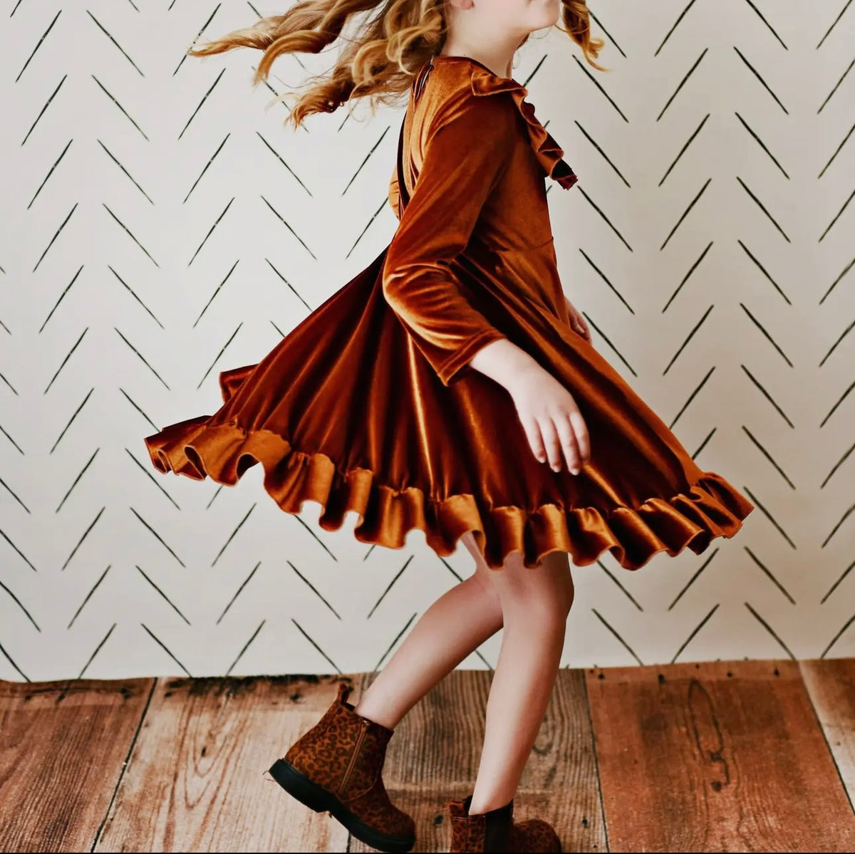 Rust Velvet Dress - Kids