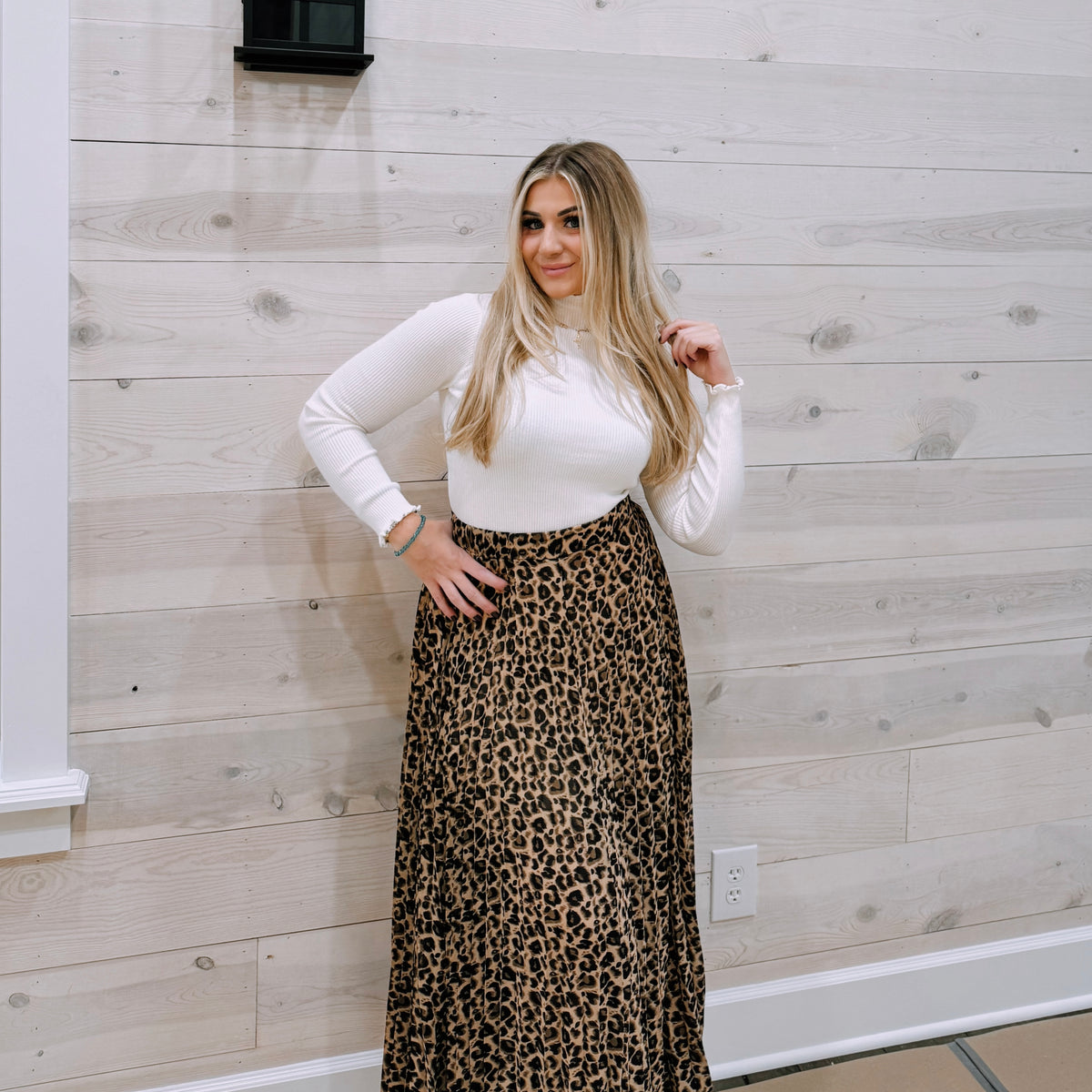 Leopard Pleated Midi Skirt