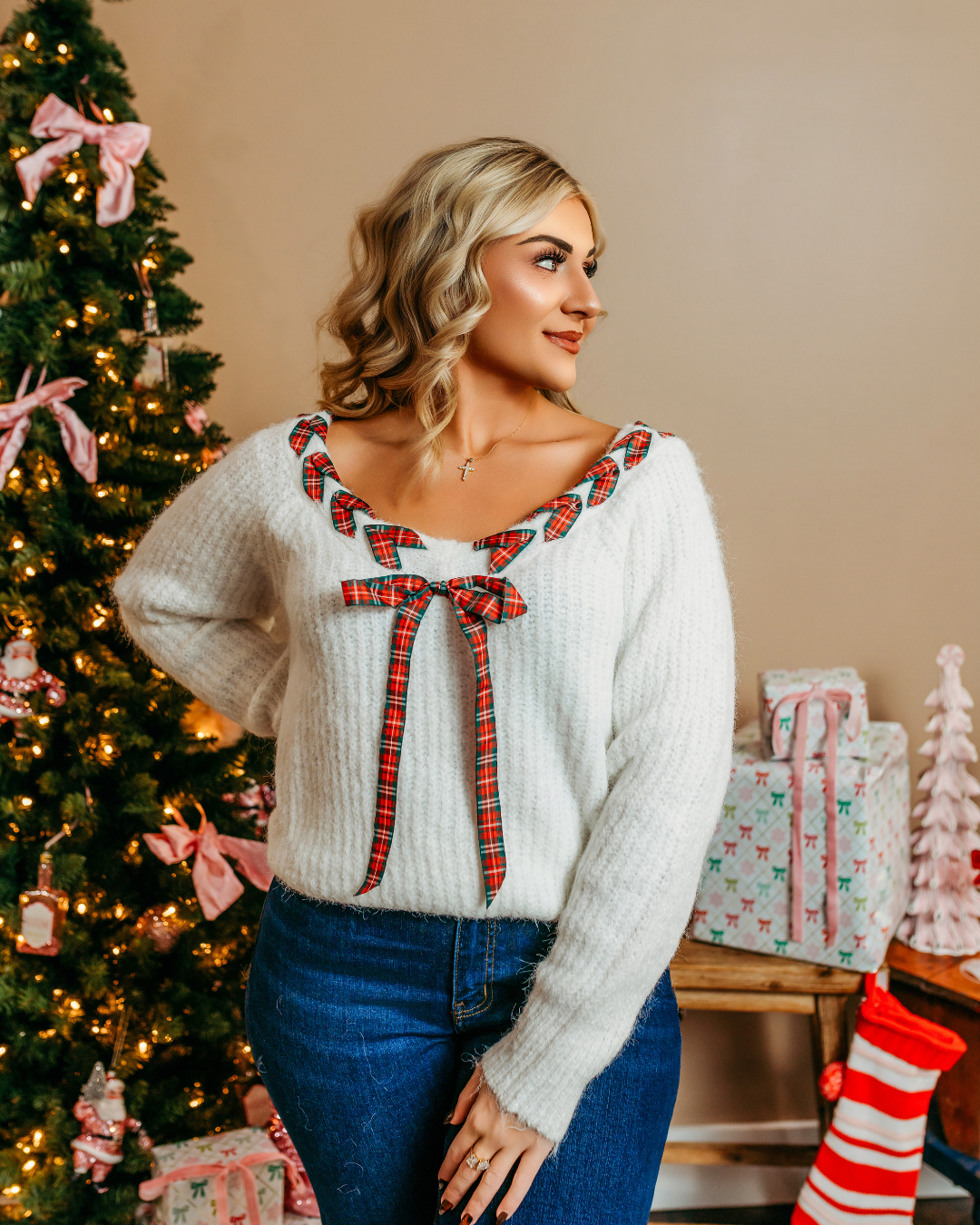 Holiday Christmas Ribbon Sweater Top