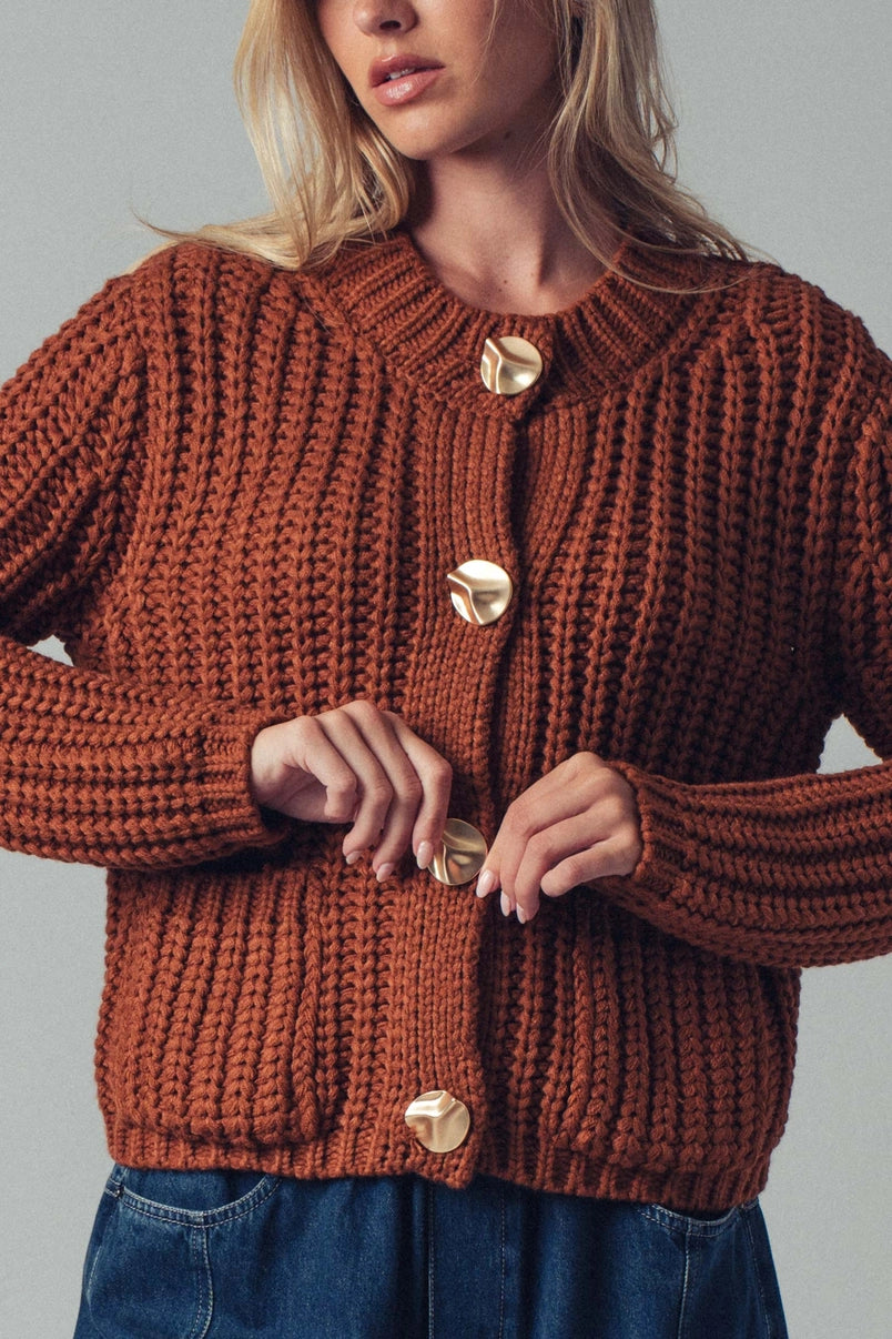 Chunky Gold Button Ribbed Knit Cardigan