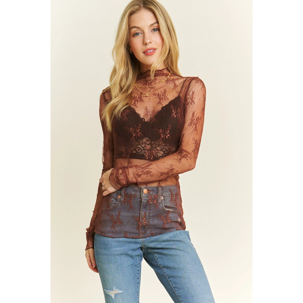 Mesh Lace High Neck Top