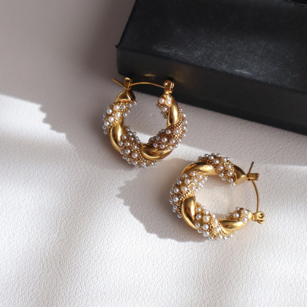 Pearl Gold Twisted Hoops